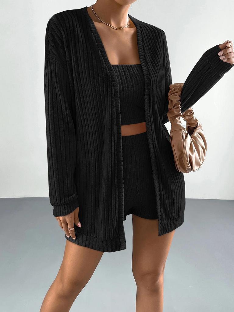 Cross-Border Brushed Ribbed Women's Three-Piece Pajama Set: Long Sleeve Cardigan, Bandeau, and Shorts - Wear Indoors or Out