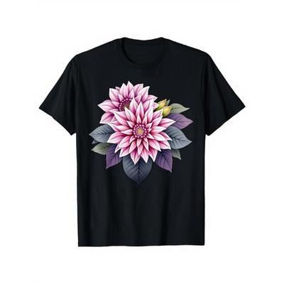 T-shirt Nera da Donna con Stampa Fiore di Dalia Rosa - Top Puro a Maniche Corte con Scollo Tondo, Blusa Casual e Elegante dalla Vestibilità Larga per Primavera Estate Autunno