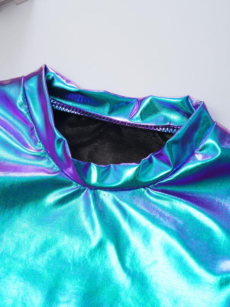 Girls Jazz Dance Top Metallic Short Sleeve Round Neck Crop Tee for Cheerleading Stage Performance