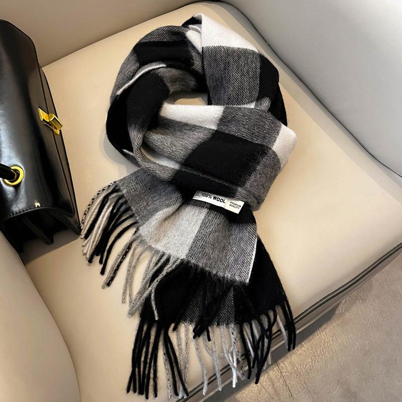 British plaid pure wool scarf winter women's retro blue girls couple versatile warm scarf men's gift