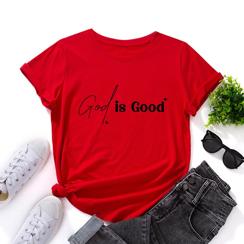God Is Good Alphabet Cotton T-Shirt Short Sleeve Round Neck Women 2d Print Tops