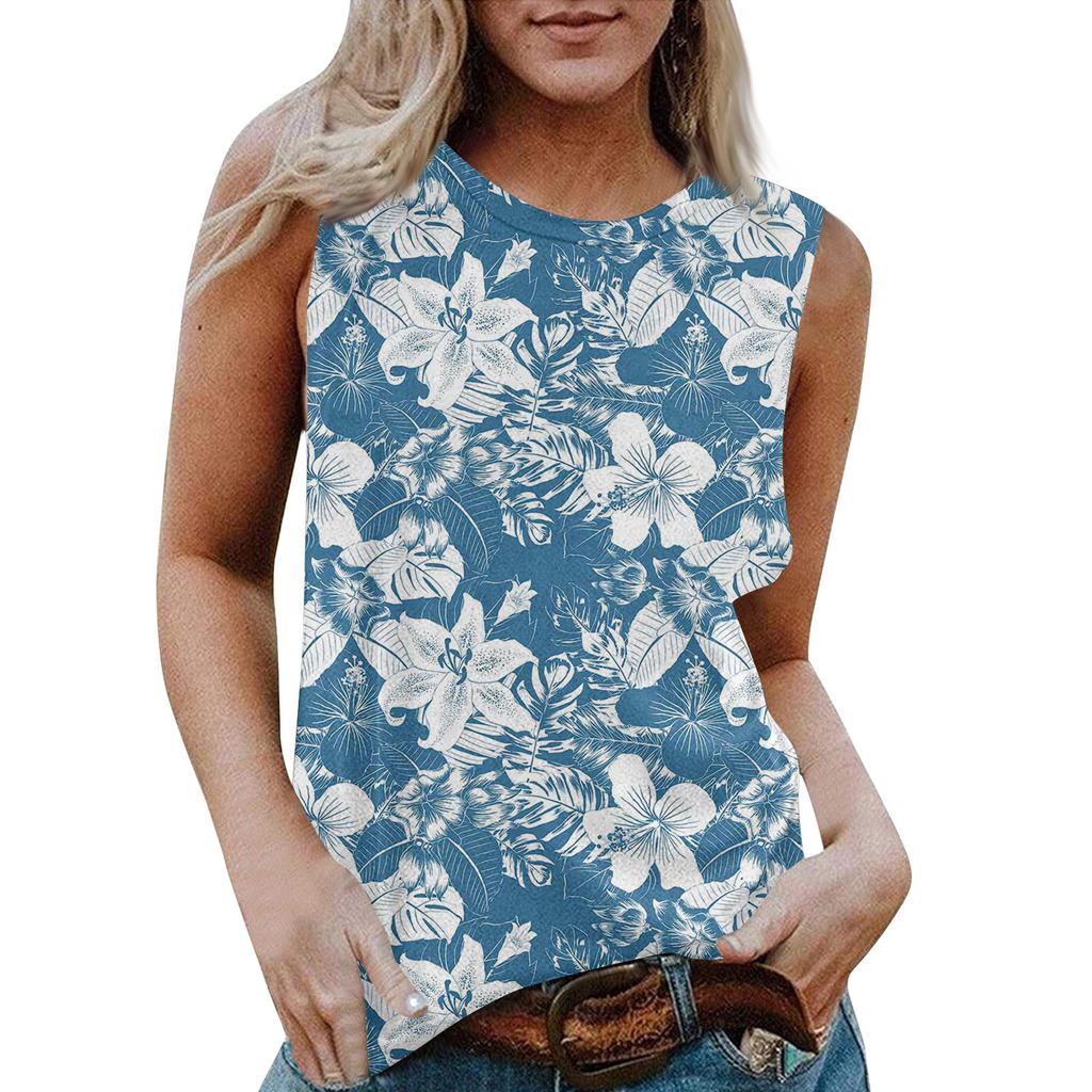 Damen Rundhals Lässig Ärmellos X Hawaiianisch Bedrucktes Westen-T-Shirt Top