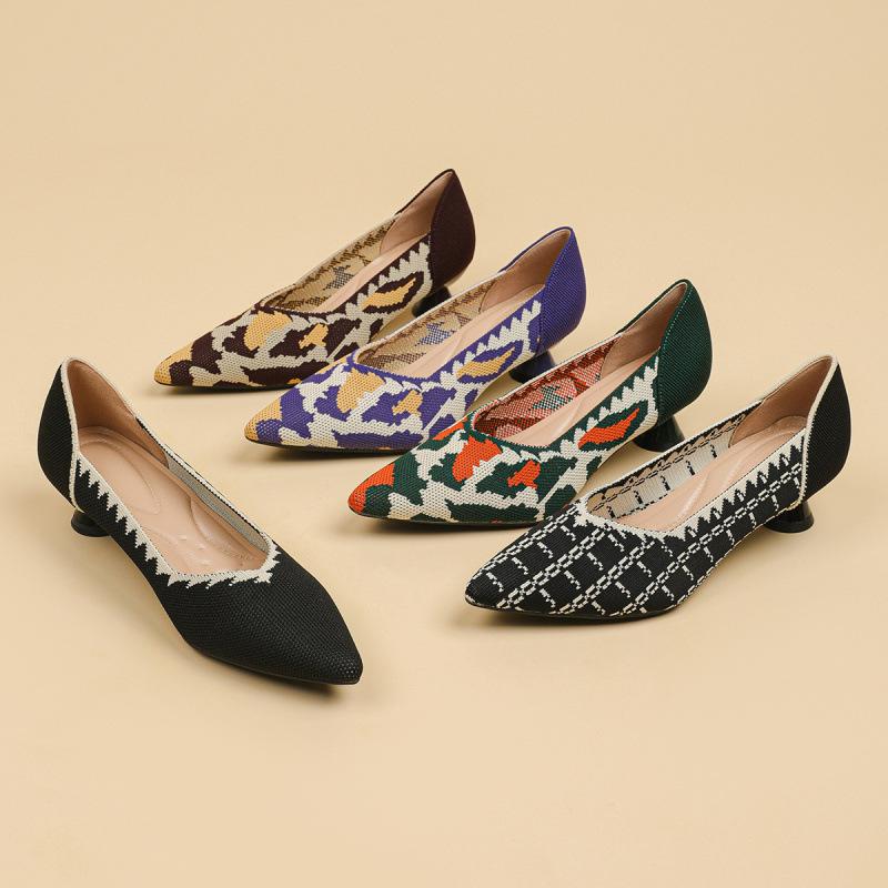 Spring and Summer New Flying Woven Shoes Single Shoes Women's Shallow Mouth High Heels Pointed Breathable Single Shoes Leopard Print