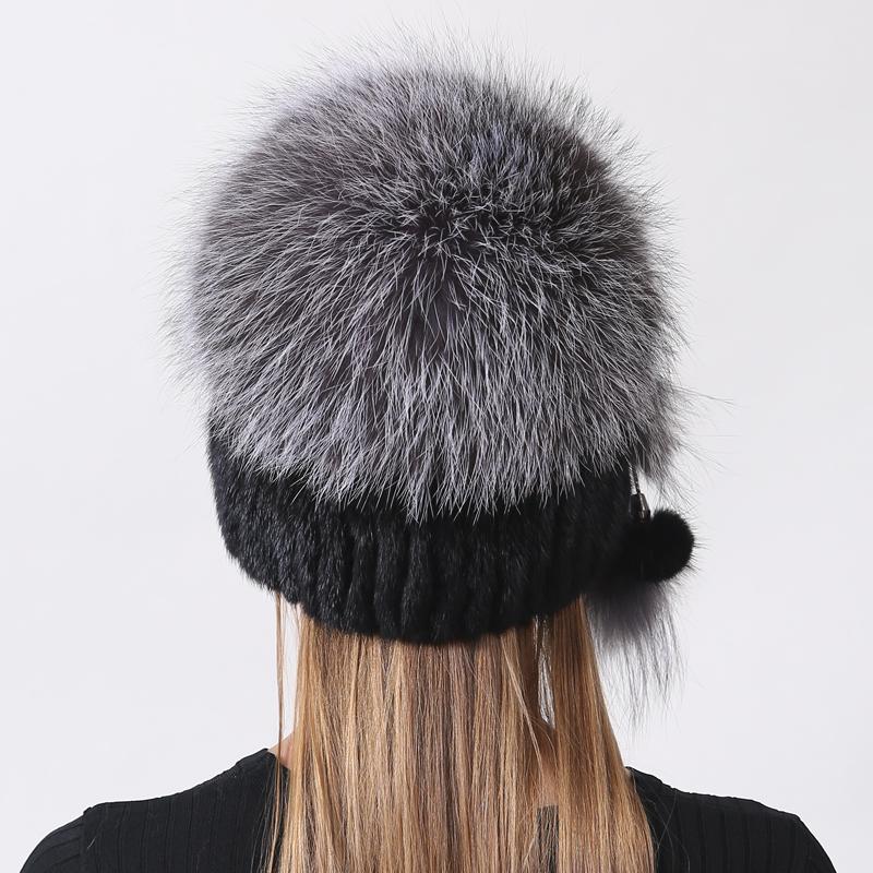 Natural Knitted Mink Fur Hat Stylish Women Winter Warm Fluffy Fox Fur Cap Fashion Beanies Thick Knitted Hats
