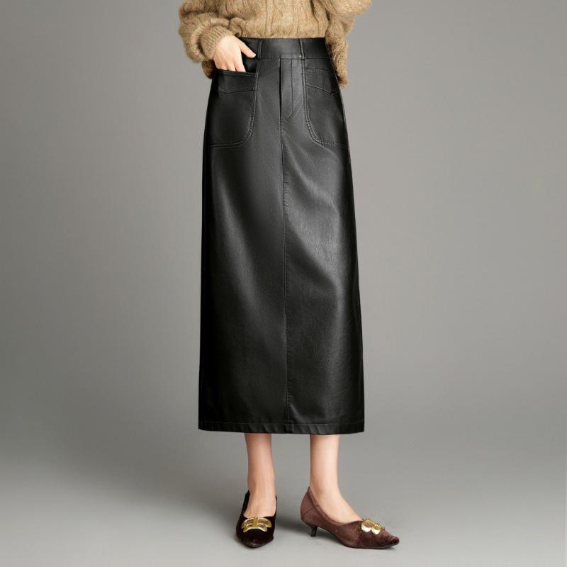 Luxurious Mid-Length Lambskin Leather Skirt with Stylish Slit for Women - Perfect for Autumn and Winter Elegance