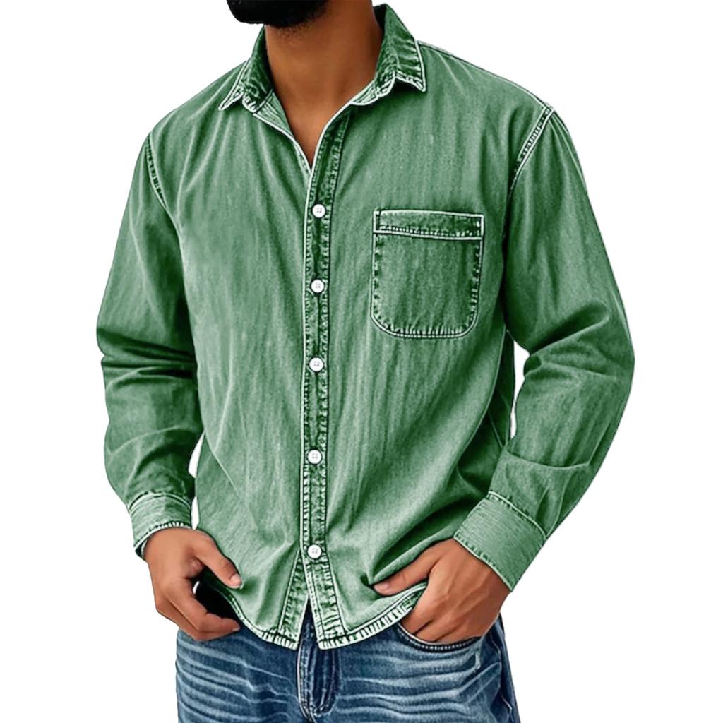 Pánská ležérní barevná sepraná džínová košile, Pánské americké pracovní oblečení, Retro praný top s dlouhým rukávem
