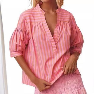 Moda feminina casual verão primavera listra estampa mangas 1/2 decote em v blusas e camisas