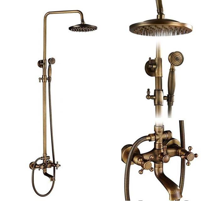 Antique Bathroom Rainfall Shower Faucet Set Wall Mount Dual Handle With Handshower Brass Bathroom Shower Mixer Tap