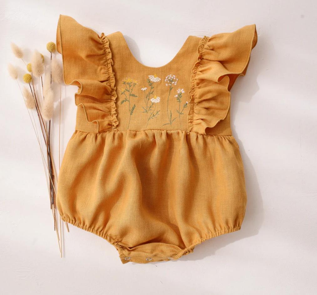 Girls' Summer Pastoral Style Ruffled Sleeve Embroidered Floral Dress