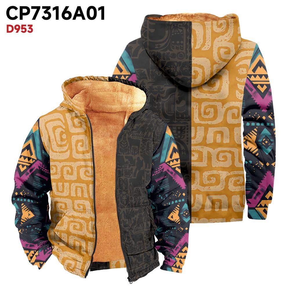Men's Print Long Sleeve Pocket Coat Fashion Plus Velvet Overcoat