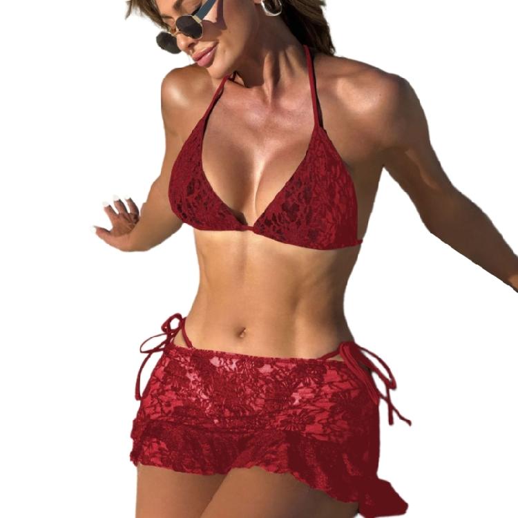 Stylish 3pcs Set Swimsuit Adjustable Tankini Top High Waist Swim Skirt N-neck Bra & Underwear Thong for Women Lady