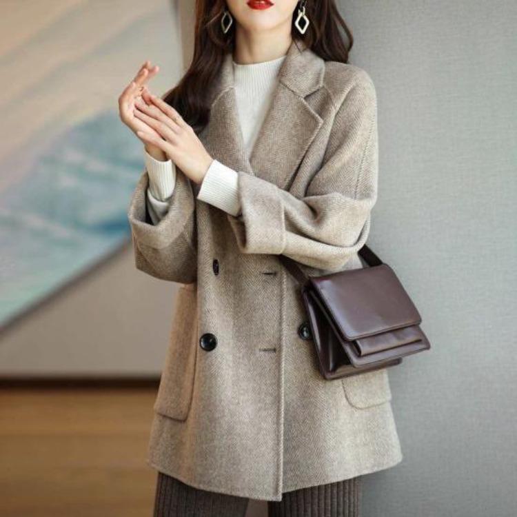 Women Winter Overcoat Woolen Coat Double Breasted Mid Length Formal Business Jacket Turn Down Collar OL Commuting Solid Color Thick Outerwear