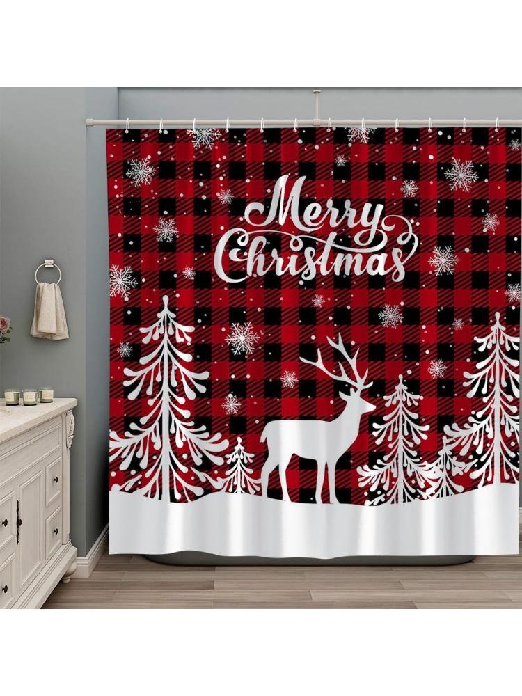 

Christmas Deer Shower Curtain Red Black Buffalo Check Plaid Xmas Trees Wildlife Winter Forest Snowflake Rustic Elk Reindeer 90x180cm
