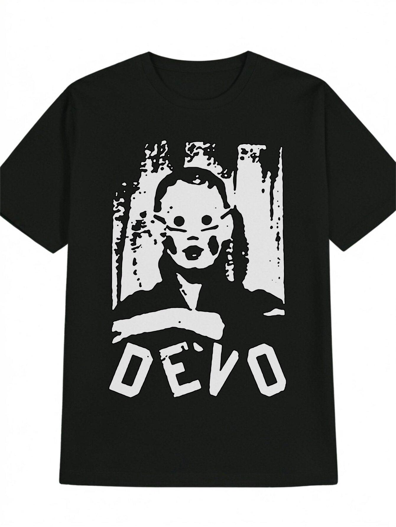 Casual Crew Neck T-shirt with Stylish Glasses &  DEVOS  Print - Black S