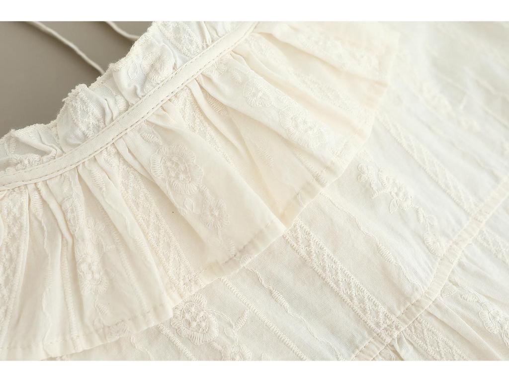 Women's Mori Girl Style Cotton Shirt with Ruffled Lace Collar, Tie-up Long Sleeves, and Heavy Embroidery