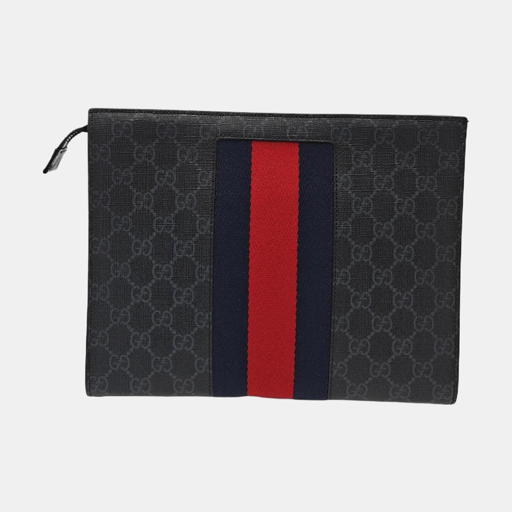 [Pre-Owned] Signature Logo Stripe Web Zipper Canvas Clutch - Excellent #6B5X54