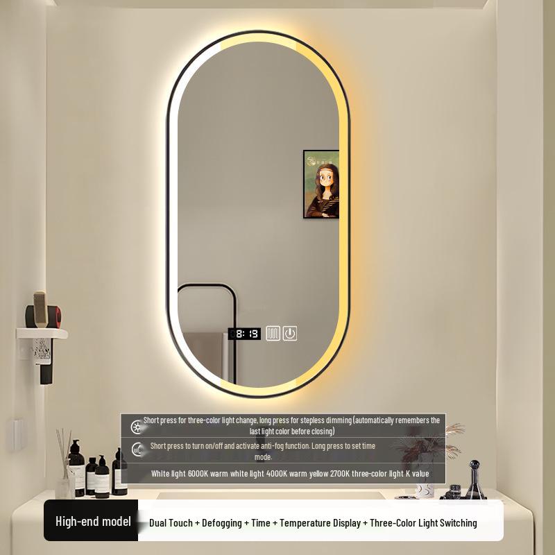Oval LED Illuminated Aluminum Bathroom Mirror with Smart Makeup Features