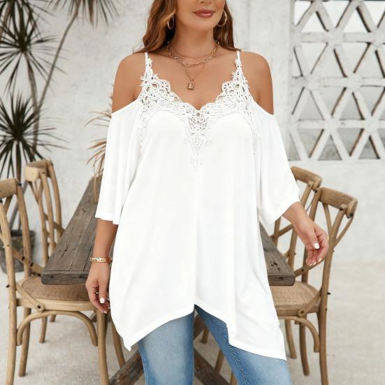 Women Blouse V-Neck 3/4 Sleeves Off Shoulder Straps Pullover Tops Asymmetric Lace Splicing Pure Color Mid-length Summer Tops