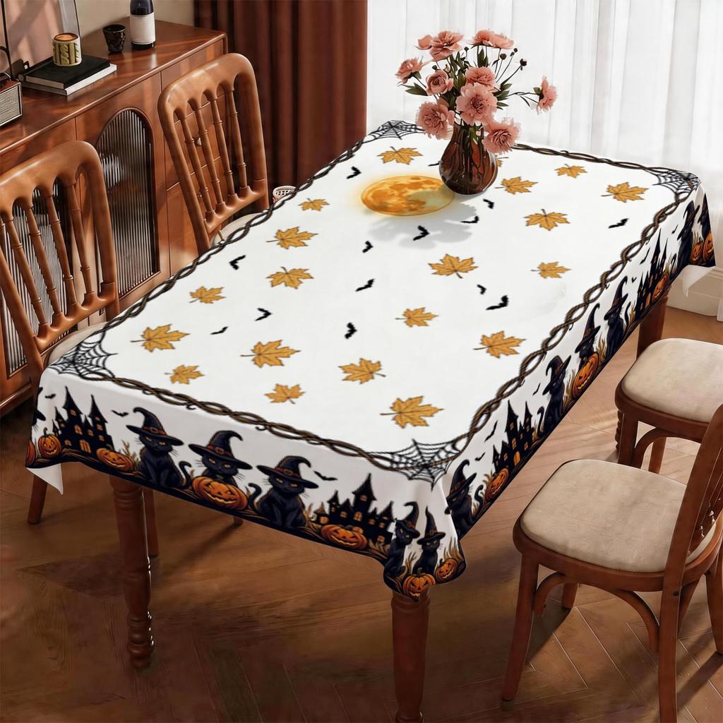 Halloween Black Cat Pumpkins Haunted House Tablecloth for Table Decor Reusable Kitchen Dining Table Cloth Halloween Decorations