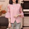 Women Elegant Casual Stand Collar Floral Print Splice 3/4 Sleeve Blouse