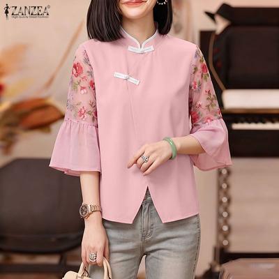 Women Elegant Casual Stand Collar Floral Print Splice 3/4 Sleeve Blouse