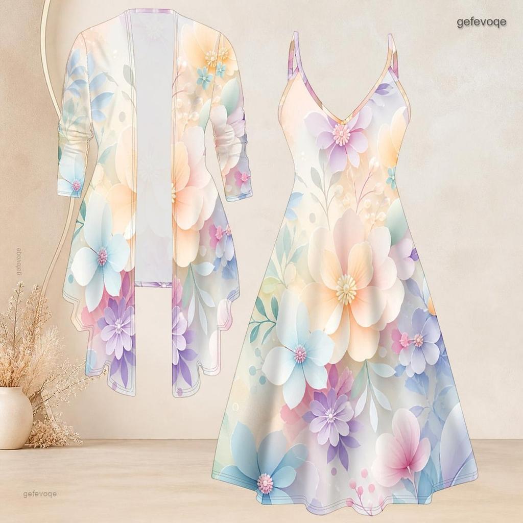 Women Plus Size Two Piece Ensemble Long Sleeve Cardigan Cami Maxi Dress