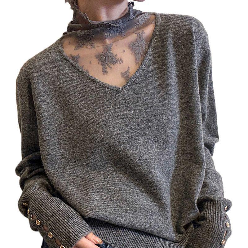 Plus Size Thermal Fleece Lace Mesh Two-Piece Women's Autumn Winter Slimming Top