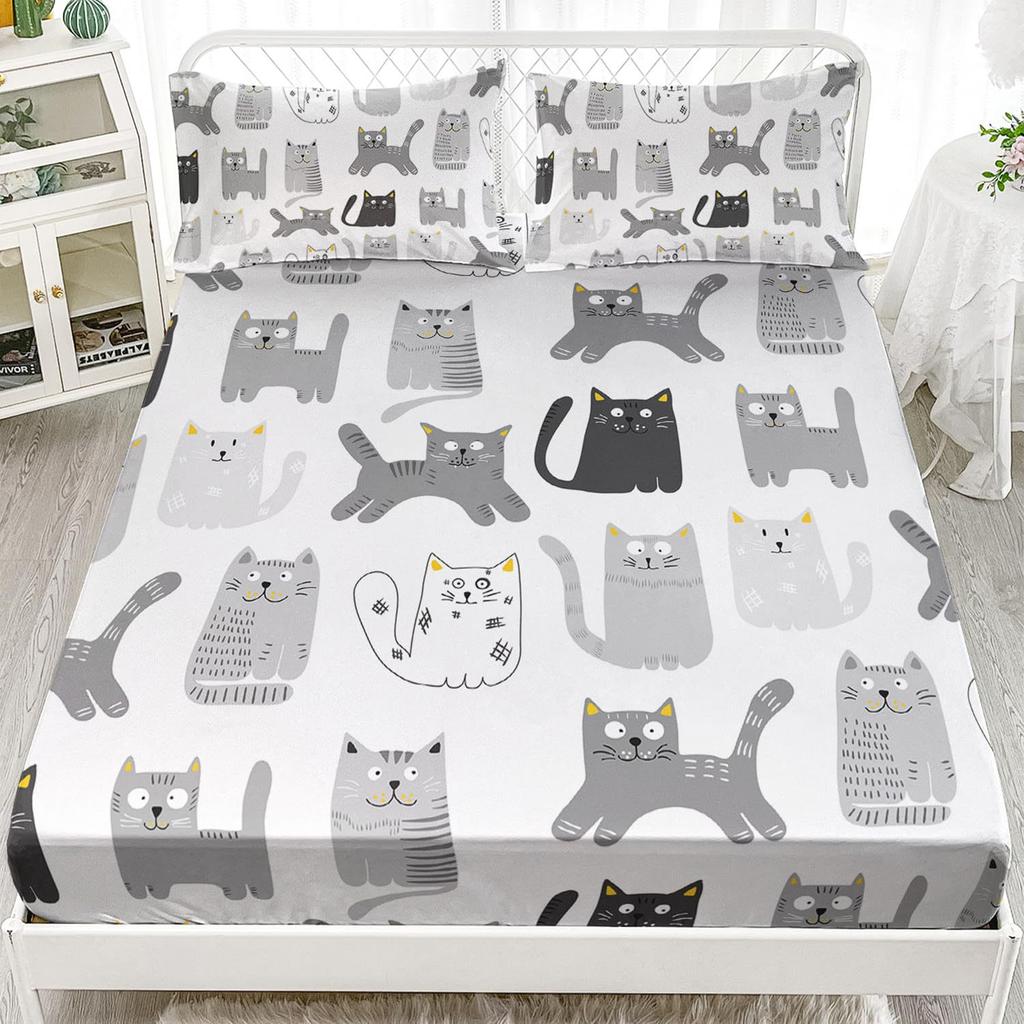 Cute Cat Pattern Mattress Three-Piece Digital Printing Mattress Bedding Set Adult Children