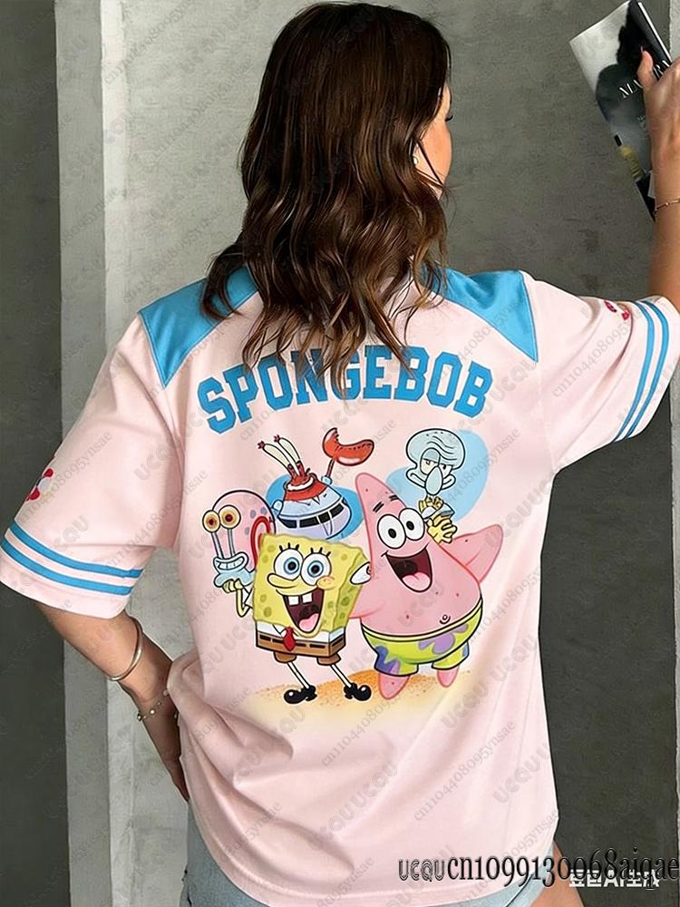Cartoon SpongeBob Print T-shirts For Women Casual V-Neck Patchwork Short Sleeve Sports Football Jersey Loose Oversized