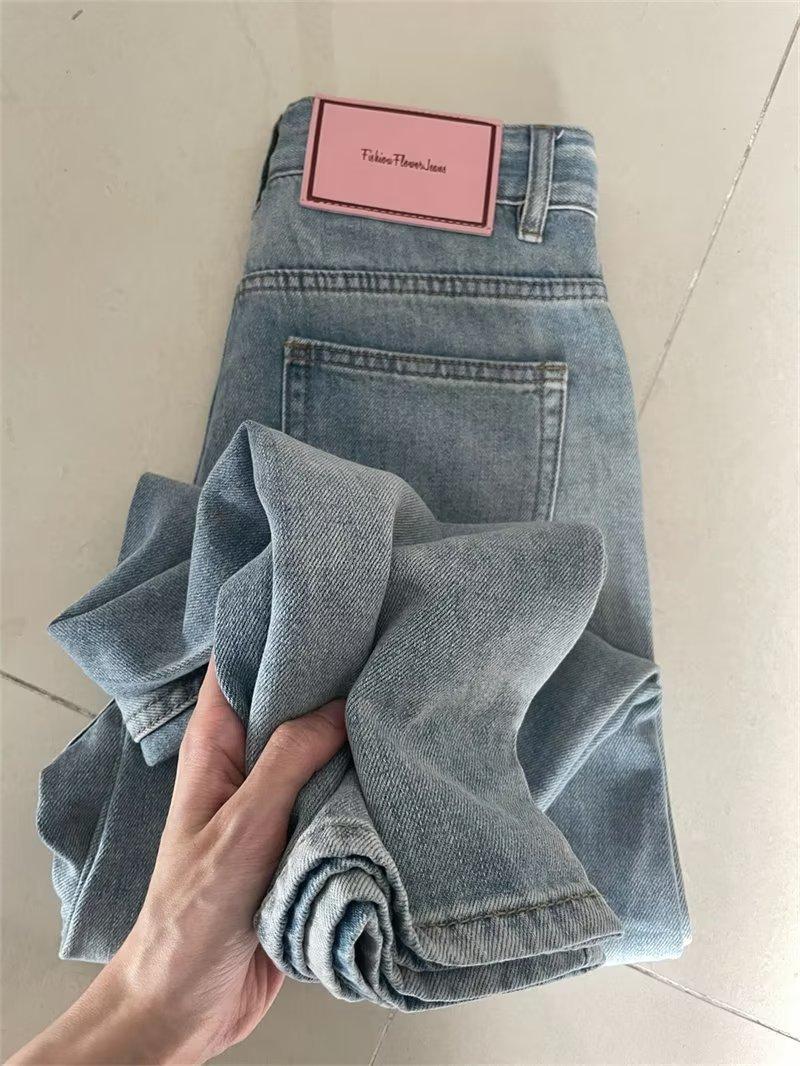 Women s High Waist Straight Jeans Loose Fit Japanese Casual Light Wash Autumn Women Denim Trousers S синий
