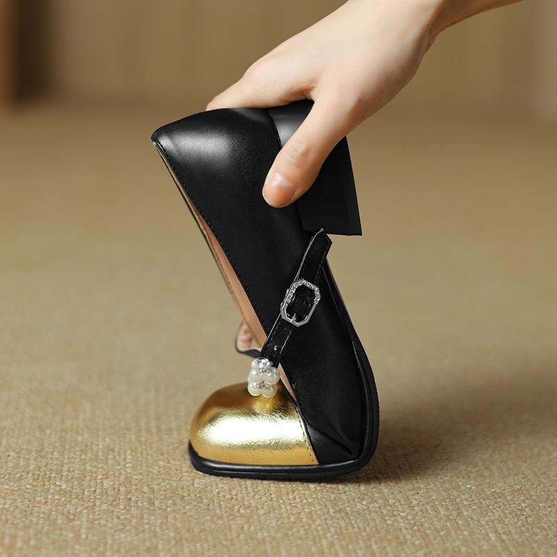 Fashion Women's new spring and autumn round toe color blocked cross strap pearl mid heel plus size Mary Jane single shoe