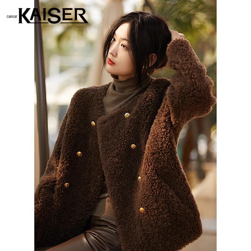 KAISER Women s Pure Wool Faux Fur Double-Breasted Jacket M