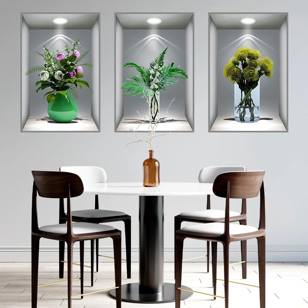 3D Effect Potted Triptych Posters Hallway Staircase Decorative Painting Hotel Restaurant Wall Plant Stickers
