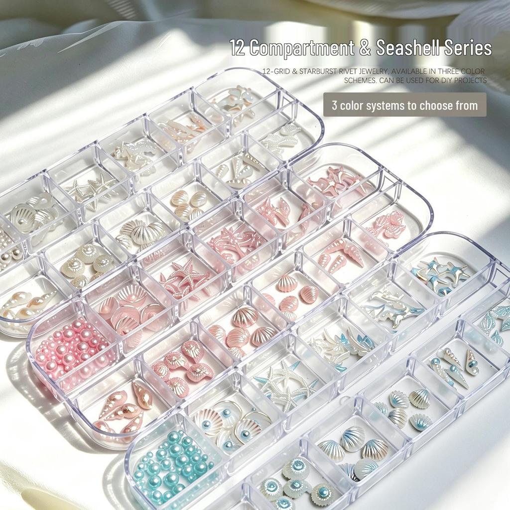 12-Piece Ocean-Themed Nail Art Accessory Set: Starfish, Shells, Conch, Coconut Trees, and Pearls