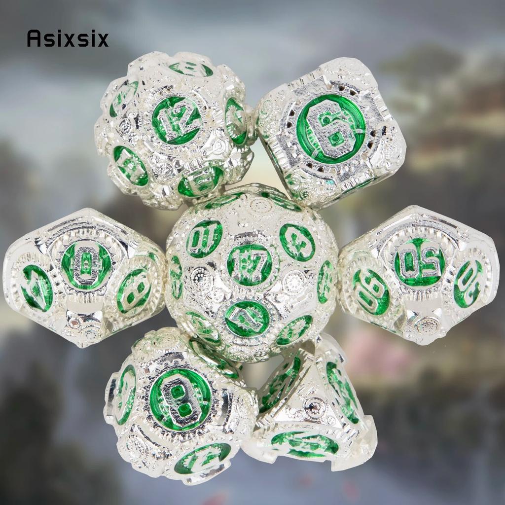 7 Pcs White Green Gear Wheel Metal Dice Solid Metal Polyhedral Dice Set Suitable for Role-Playing RPG Board Game Card Game