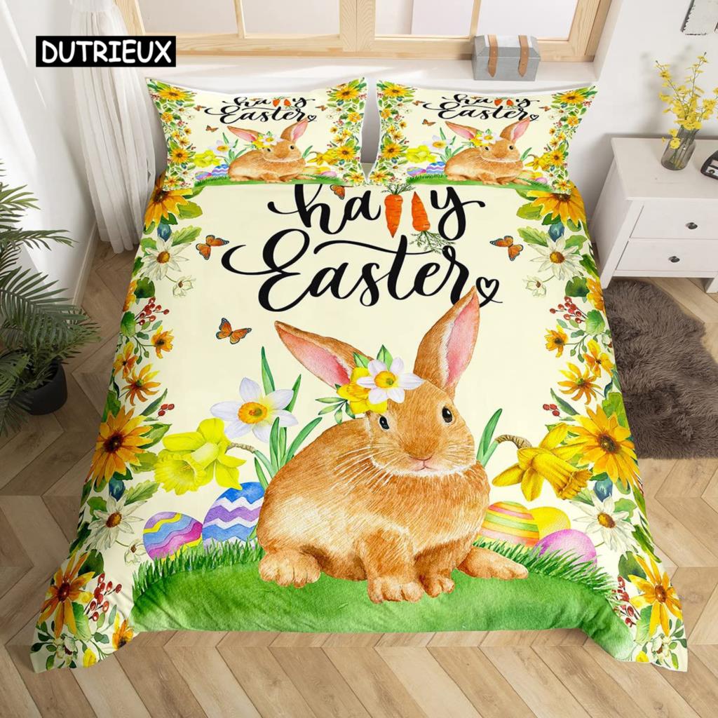 Easter Rabbit Tail Comforter Cover Pastel Pink Tulip Flowers Duvet Cover Twin Easter Eggs Kawaii Animal Bedding Set Easter Decor