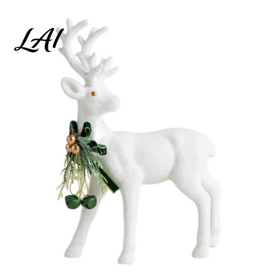 Minimalist White Flocked Ornaments Elk Ornament Ribbon Bell Decor 3D Standing Deer Stable Christmas Figurines Figurine Decorative Accents