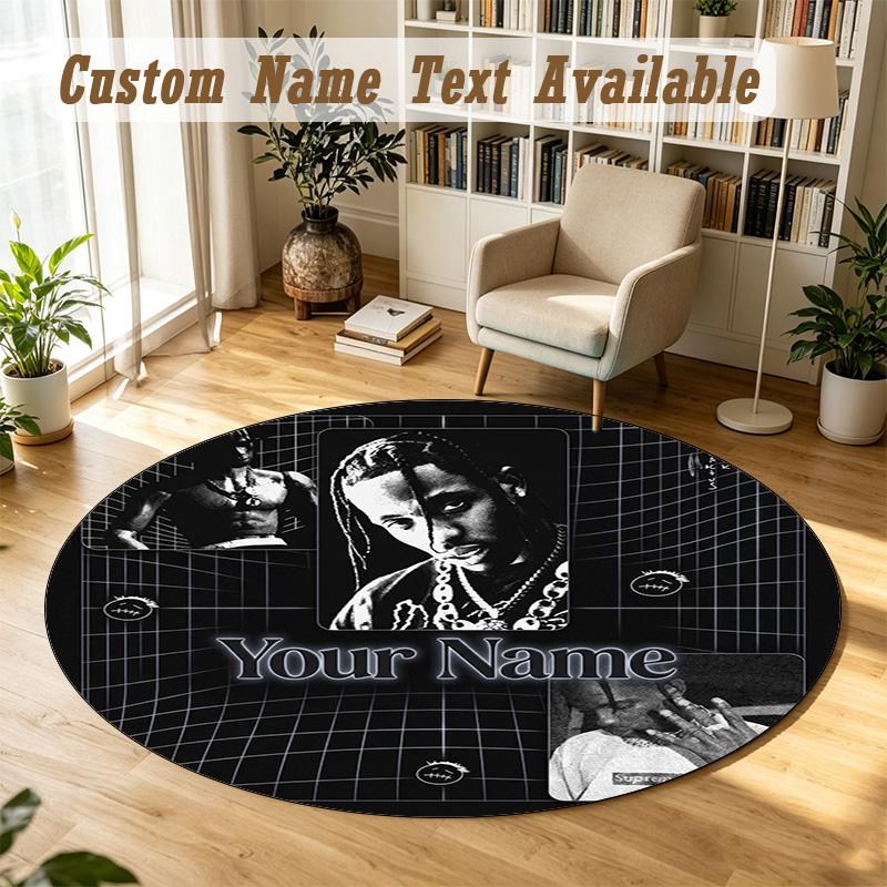 Round Rug Custom NameTravis Scott Pattern Non Slip Carpet Home Floor Decor