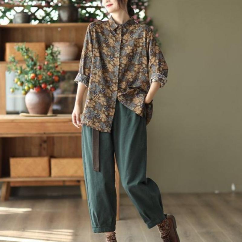 Vintage Retro Printed Cotton Linen Shirt Women's Casual Autumn Long Sleeve Blouse Floral Top Women