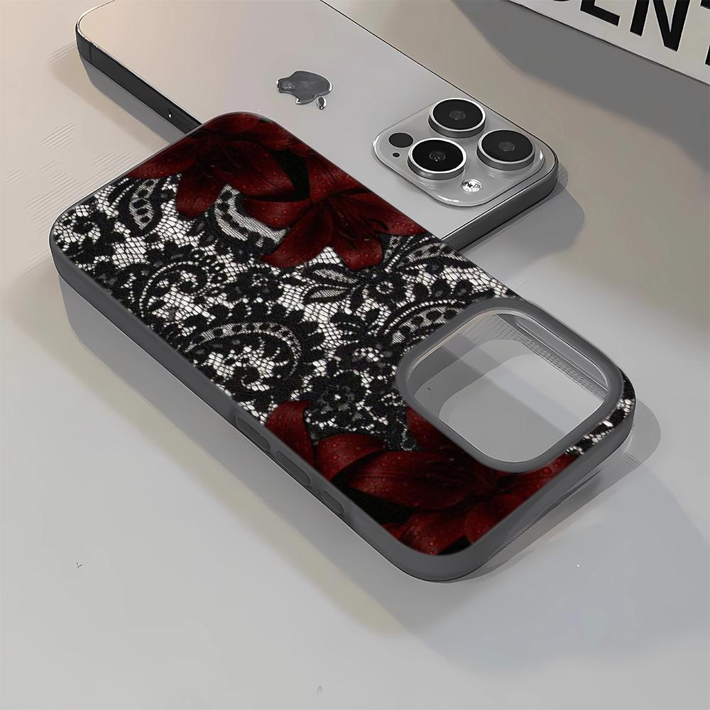 Lace Red Flower Phone Case For iPhone 17 Air 16 14 15 Pro Plus 13 12 11 Pro Max 16e XR XS Shockproof Silicone Phone Cover Fundas