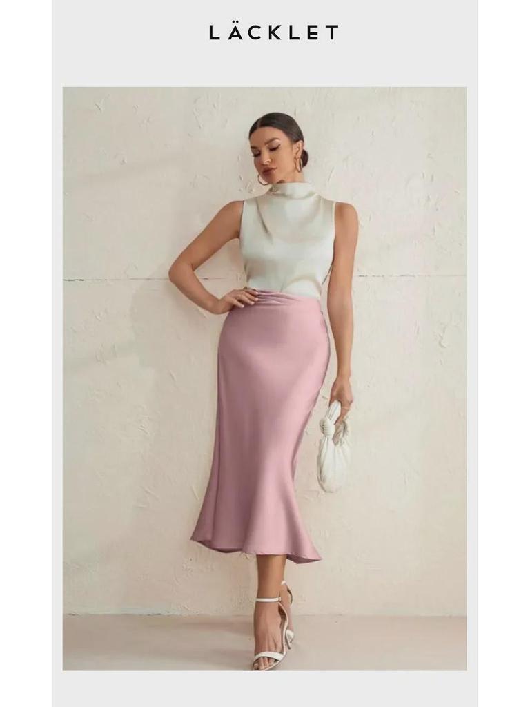 2025 Spring Women's Satin Slim Fishtail Skirt - Solid Color Medium Length