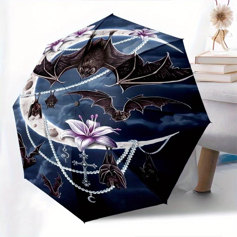 Bat Moon Automatic Folding Umbrella  8 Ribs, Durable Iron Frame, Bright Color Pattern Compact Travel Umbrella, Suitable for Outdoor, Beach a