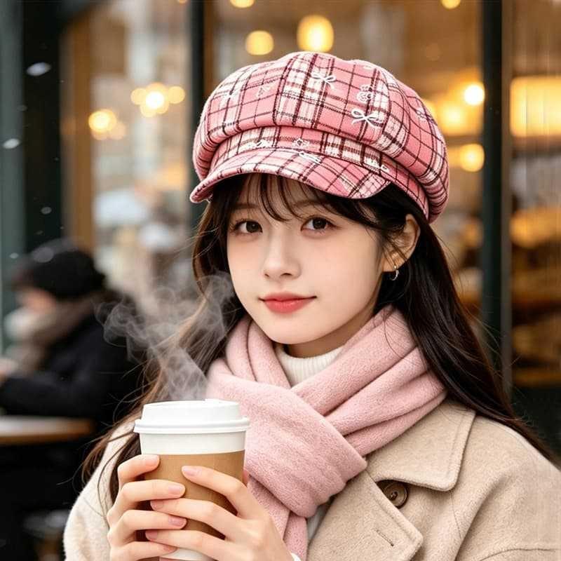 Women S Plaid Sweet Cute Versatile Octagonal Hat For Autumn Winter
