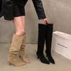 Classic Knee High Boots for Women Spring Autumn Casual Slip On Fashion Women Shoes Thin High Heels Solid Flock Motorcycle Boots
