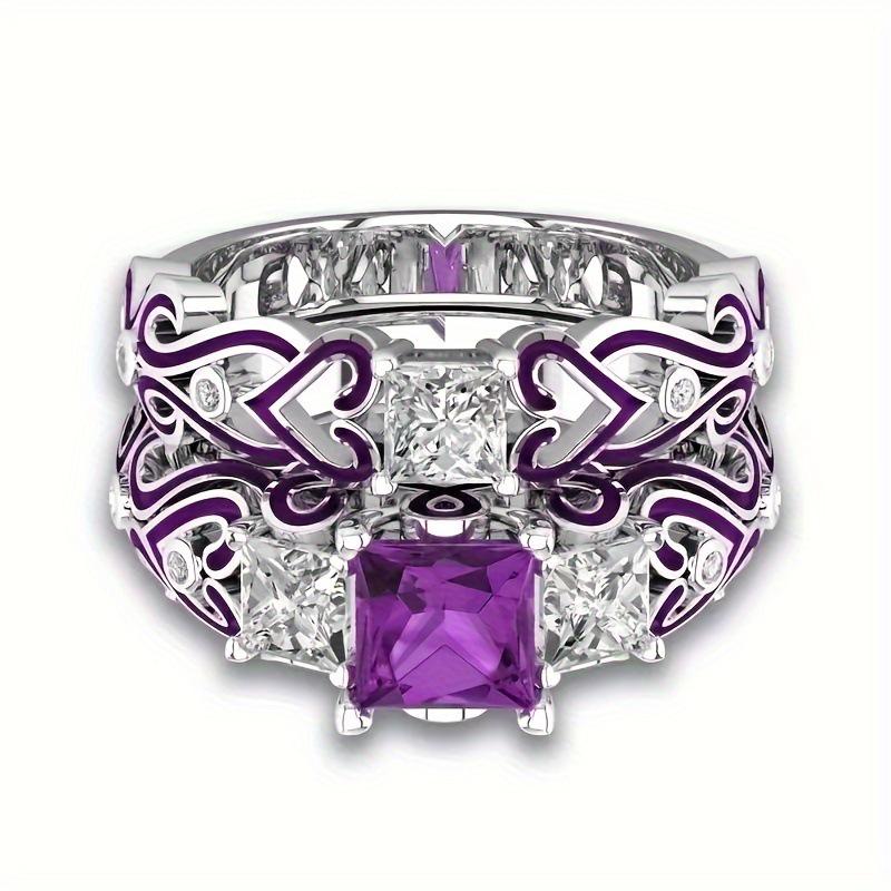 Purple Square Zircon Resin Flower Pattern Retro Ring
