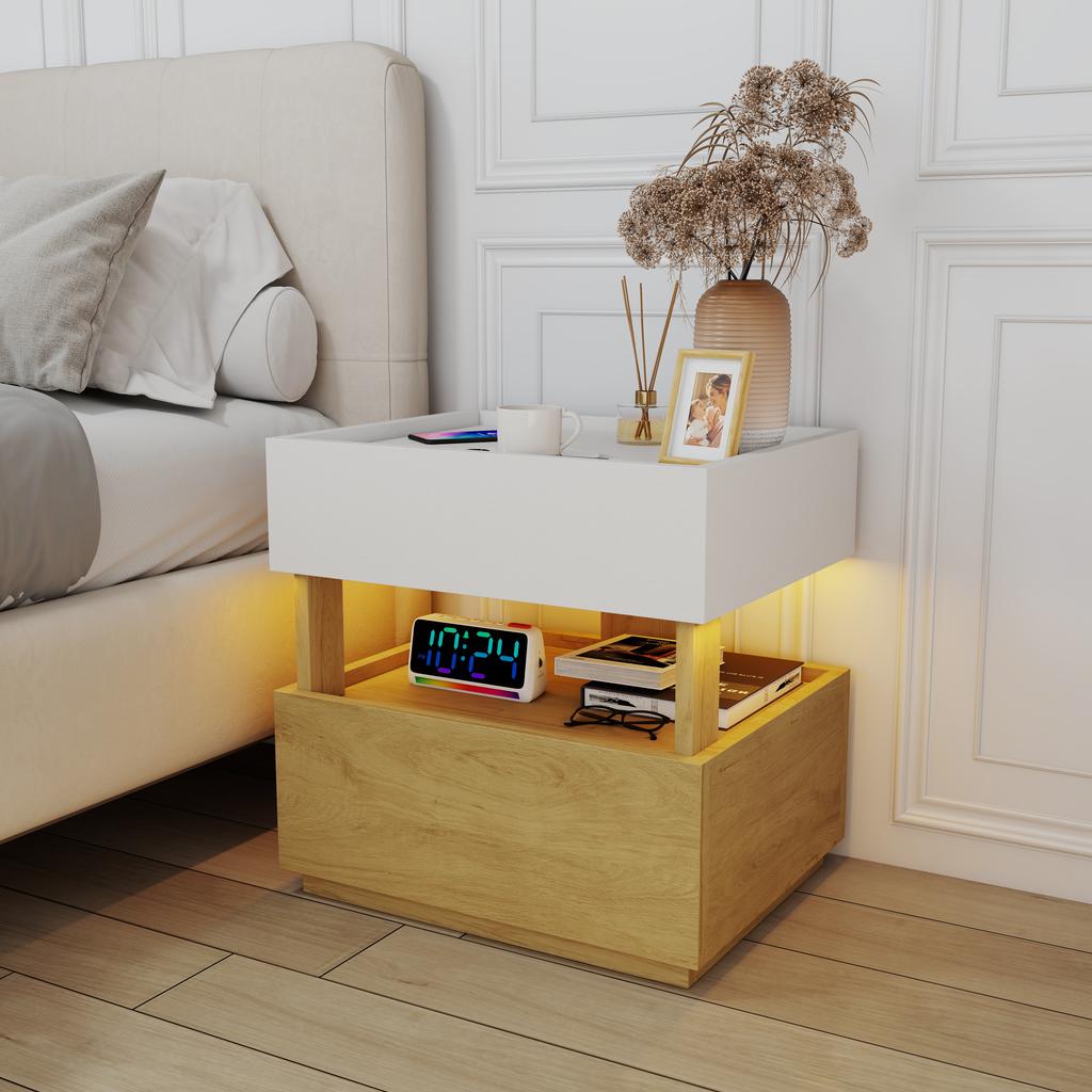 Modern Two-Tier Nightstand in Industrial Style, Bedroom Side Table with Two Drawers, Mood Lighting, Suitable for Living Room (White and Natural Wood)