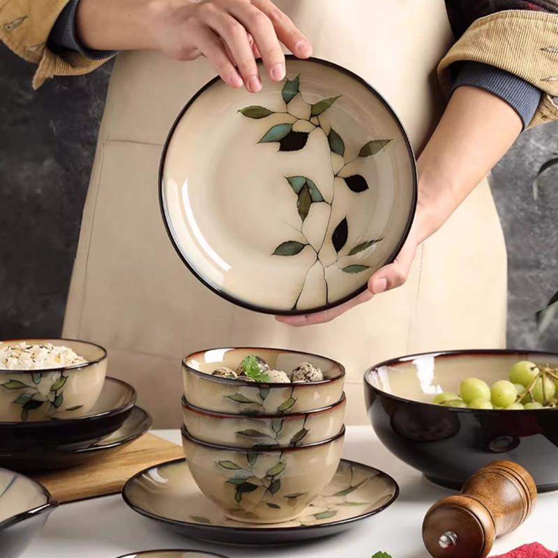 1Pc Vintage Bamboo Leaf Ceramic Bowl Salad Plate Exquisite Ceramic Cutlery Household Noodle Bowl Western Steak Cake Sushi Plate