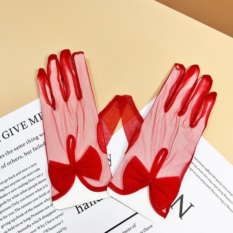 Damen Schleife Kurze Gaze Handschuhe Schwarz Transparent Sexy Spitze Hohl Tüll Handschuhe Braut Hochzeitskleid Accessoires