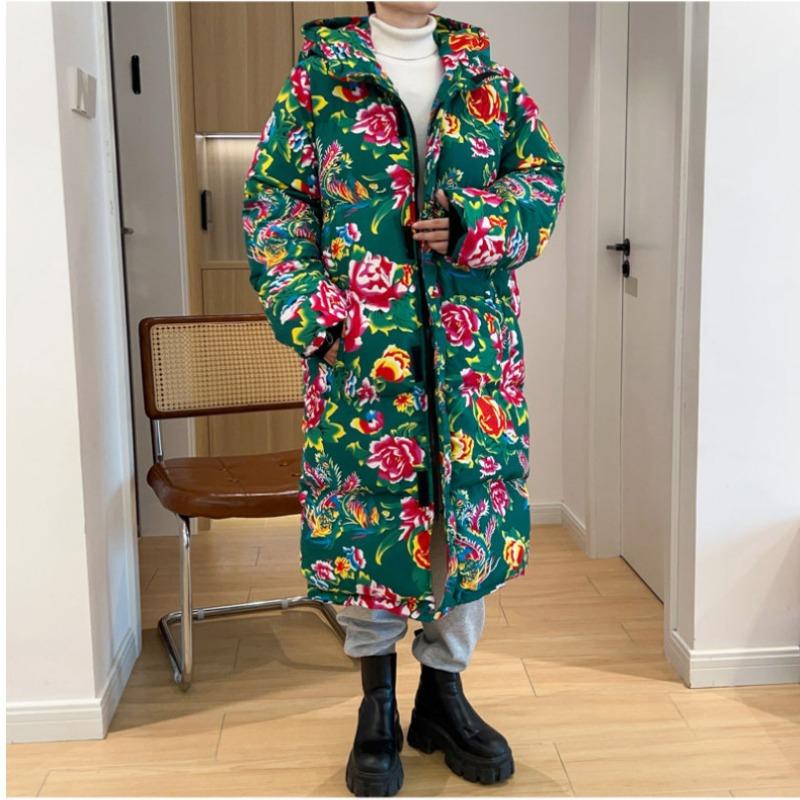 Цветочная стеганая куртка зимняя утолщенная теплая одежда для хлеба стеганая куртка с капюшоном северо-восточная большая цветочная куртка большого размера длинная модная мужская M зелёный