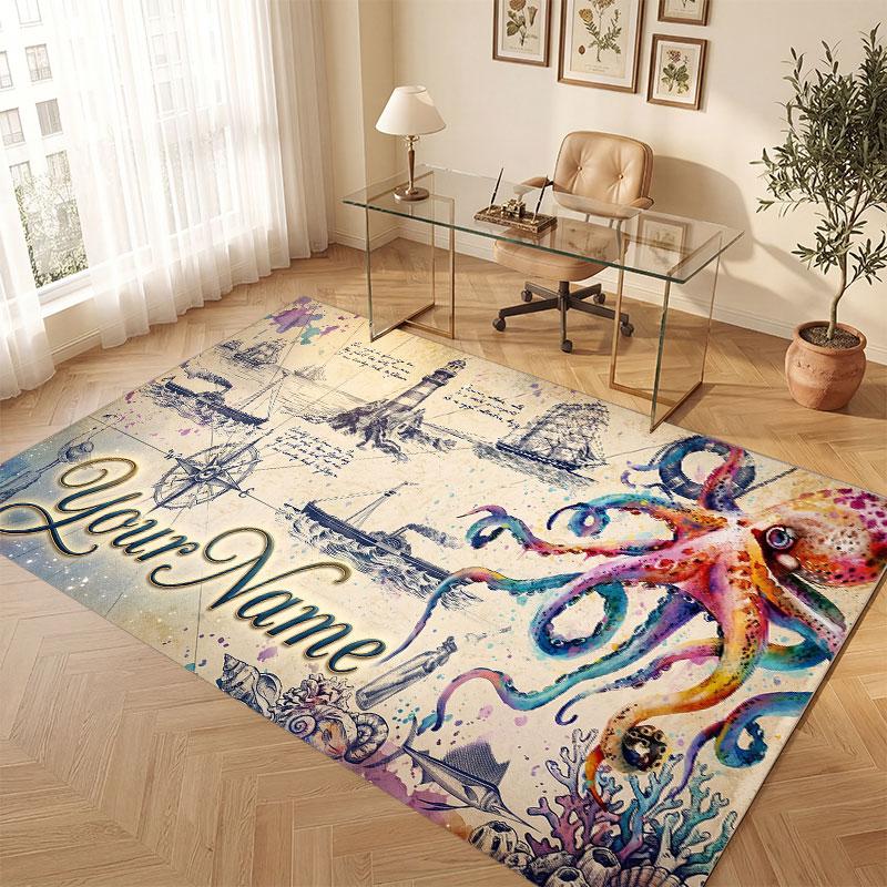 Octopus Sea Life Theme Crystal Velvet Floor Rug Personalized Custom Name Text Warm Carpet Home Decoration